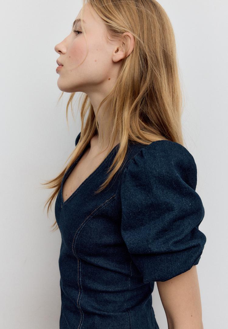 vestito corto denim maniche a sbuffo