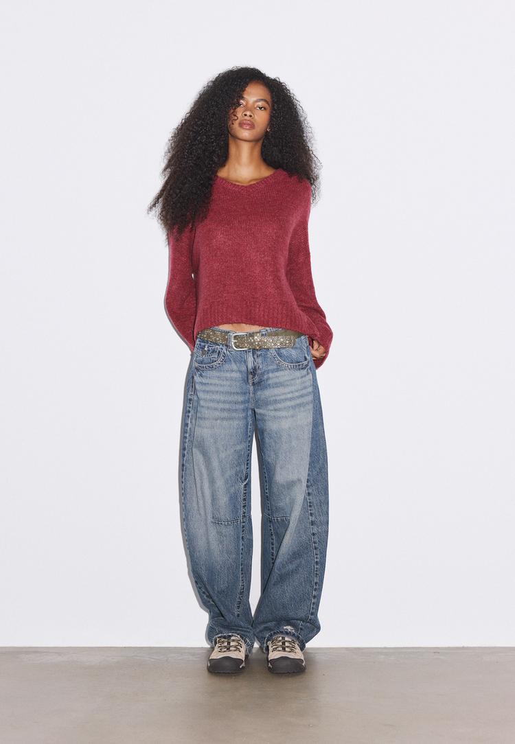 Stradivarius Tricot trui met V-hals  Donkerrood XS
