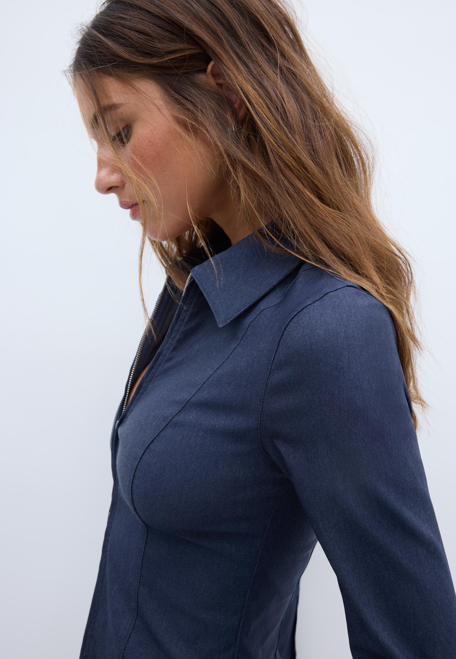Fitted double zip bengaline denim shirt — OVERDYED BLUE DENIM