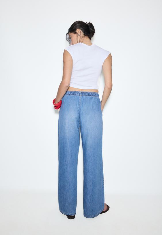 Stradivarius Pantalon Fluide En Denim À Cordon Denim Bleu Moyen Délavé Xs