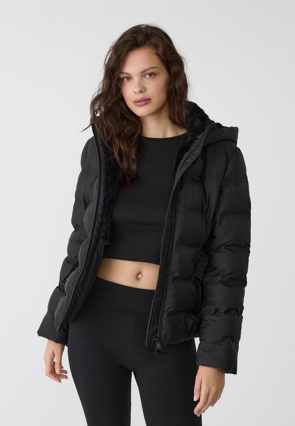 Hooded puffer jacket with belt