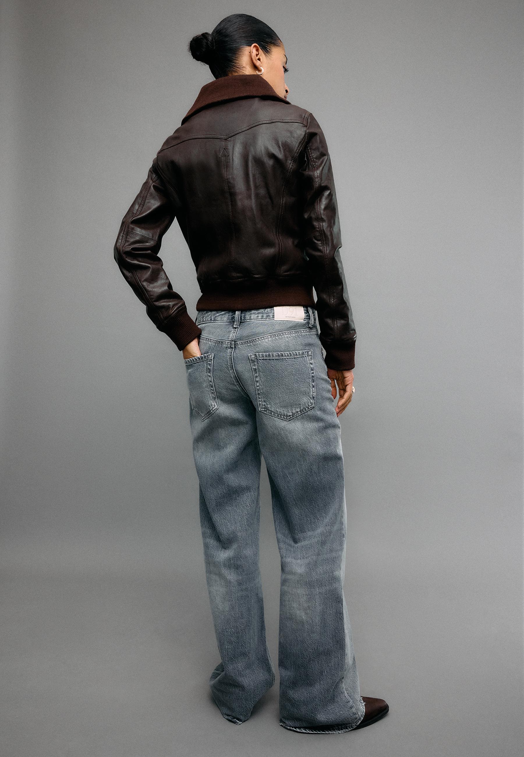 Ribbed Combined Leather Jacket — Brown