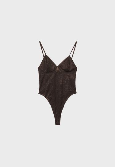 Lace strap bodysuit — Brown 7