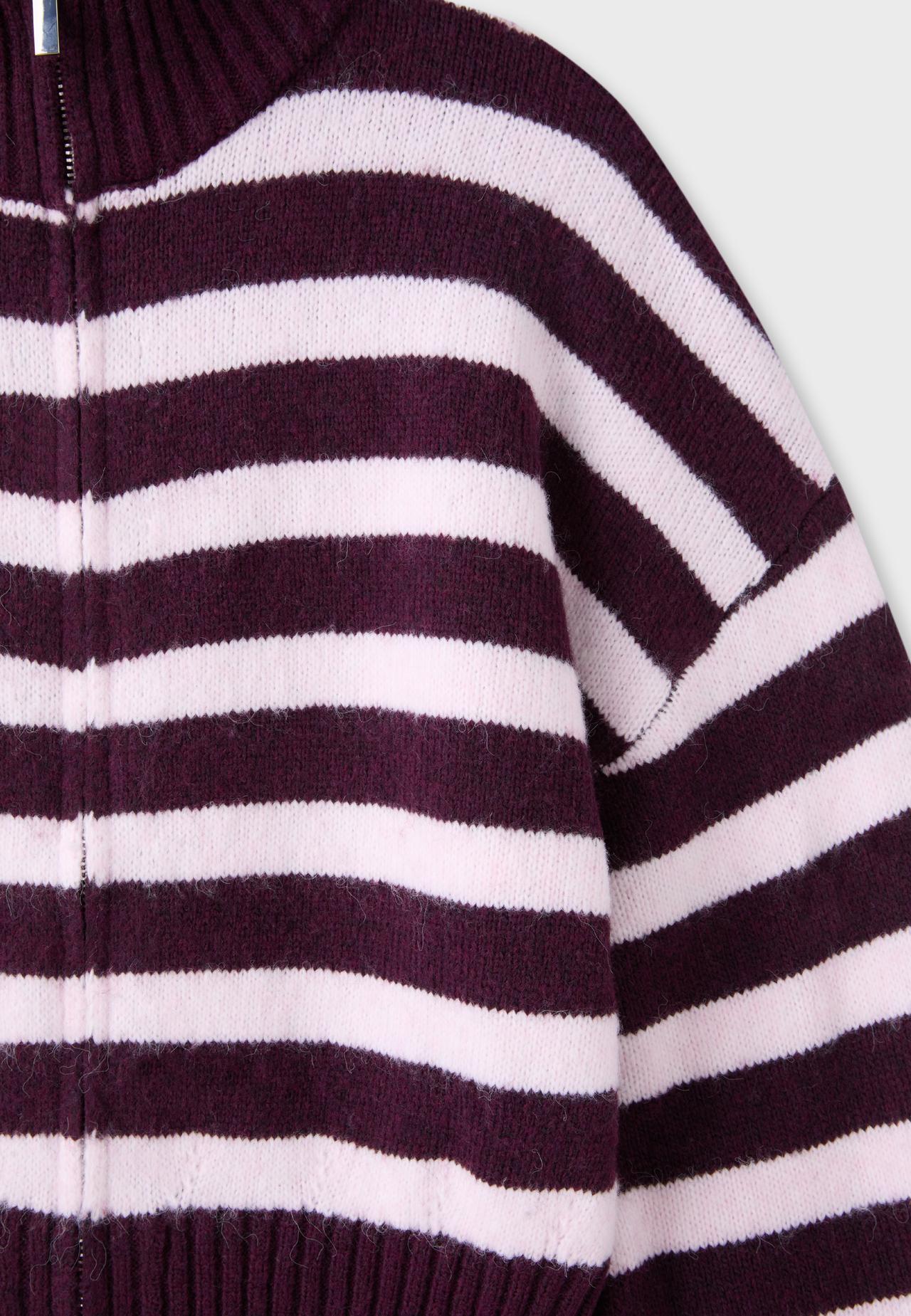 Striped zip-up knit cardigan — Dark purple