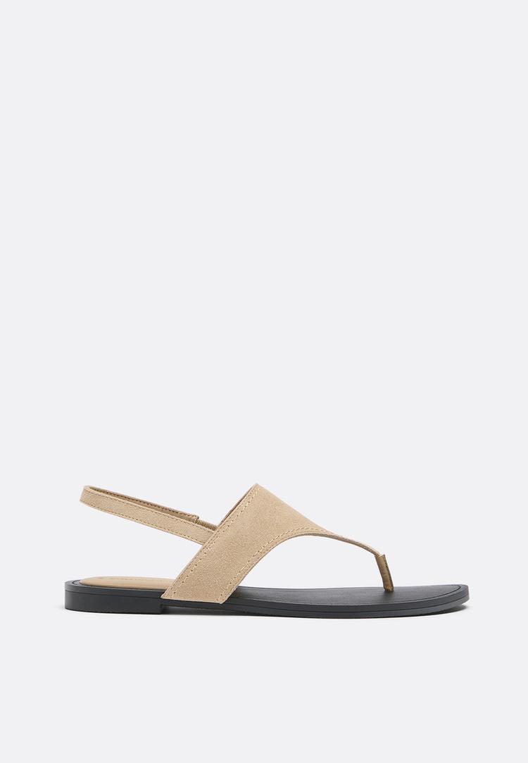 Stradivarius Δερμάτινα Φλατ Πέδιλα Thong Μπεζ 35
