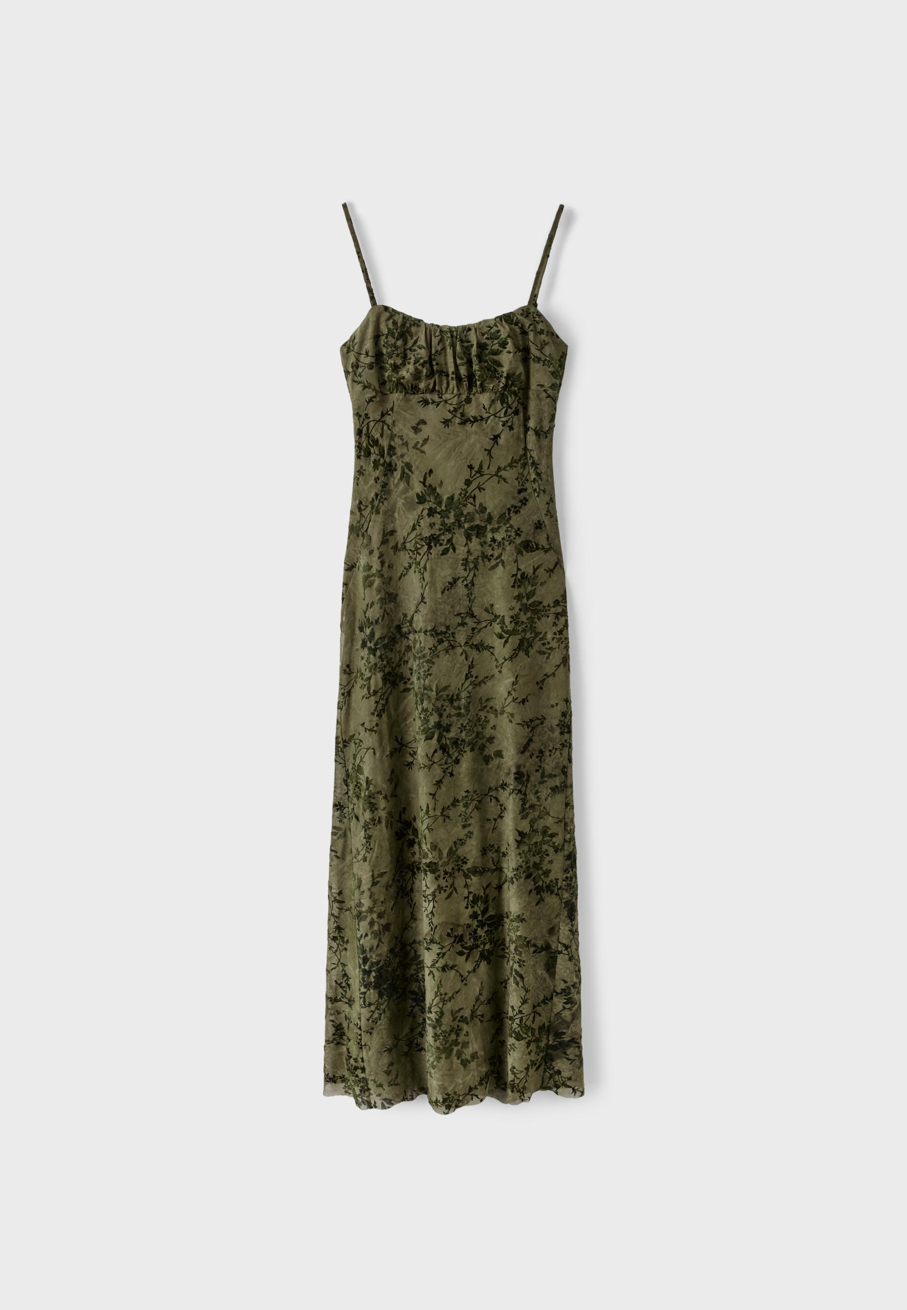 Flocked midi strap dress — Khaki