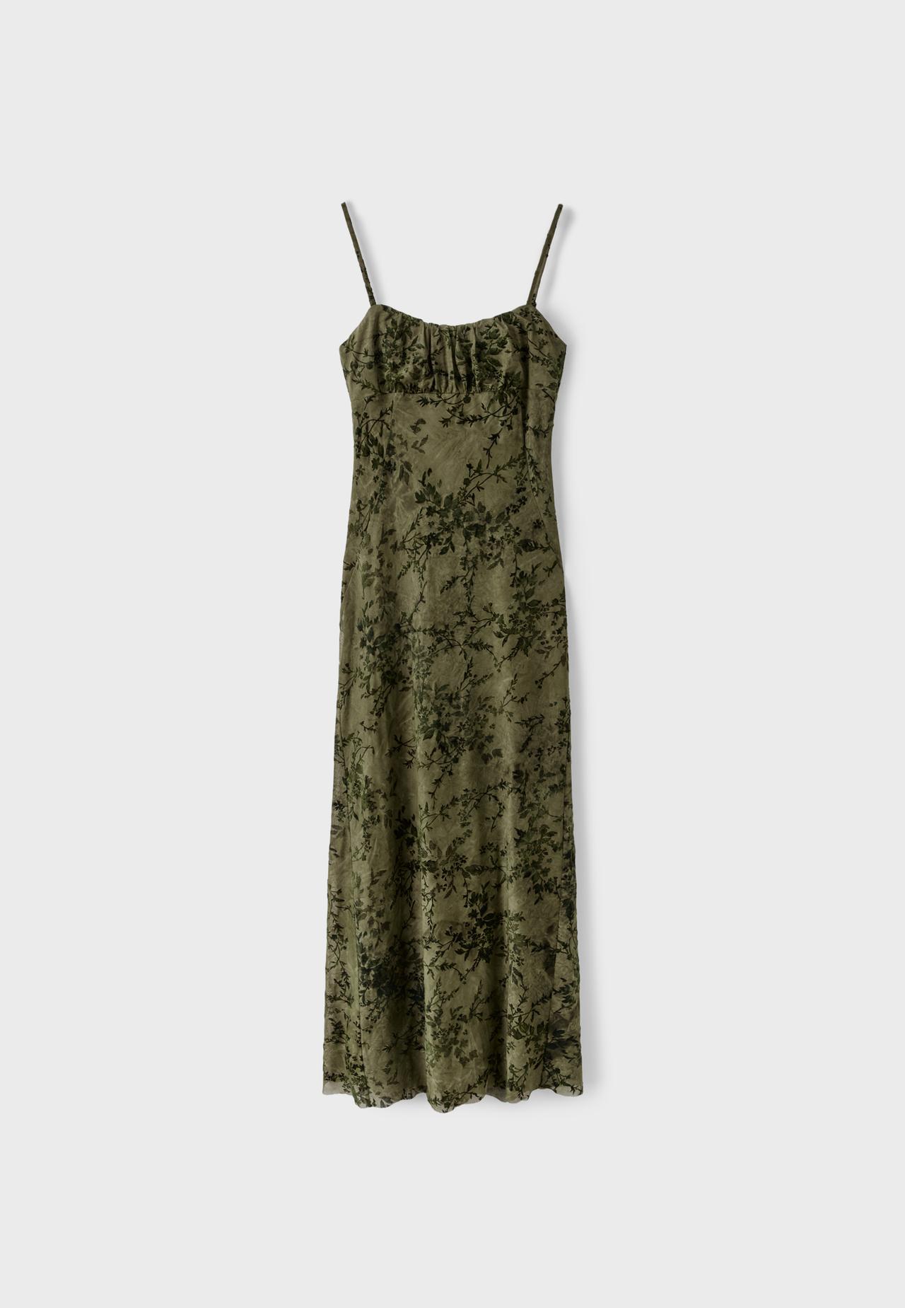 Flocked strap midi dress — Khaki