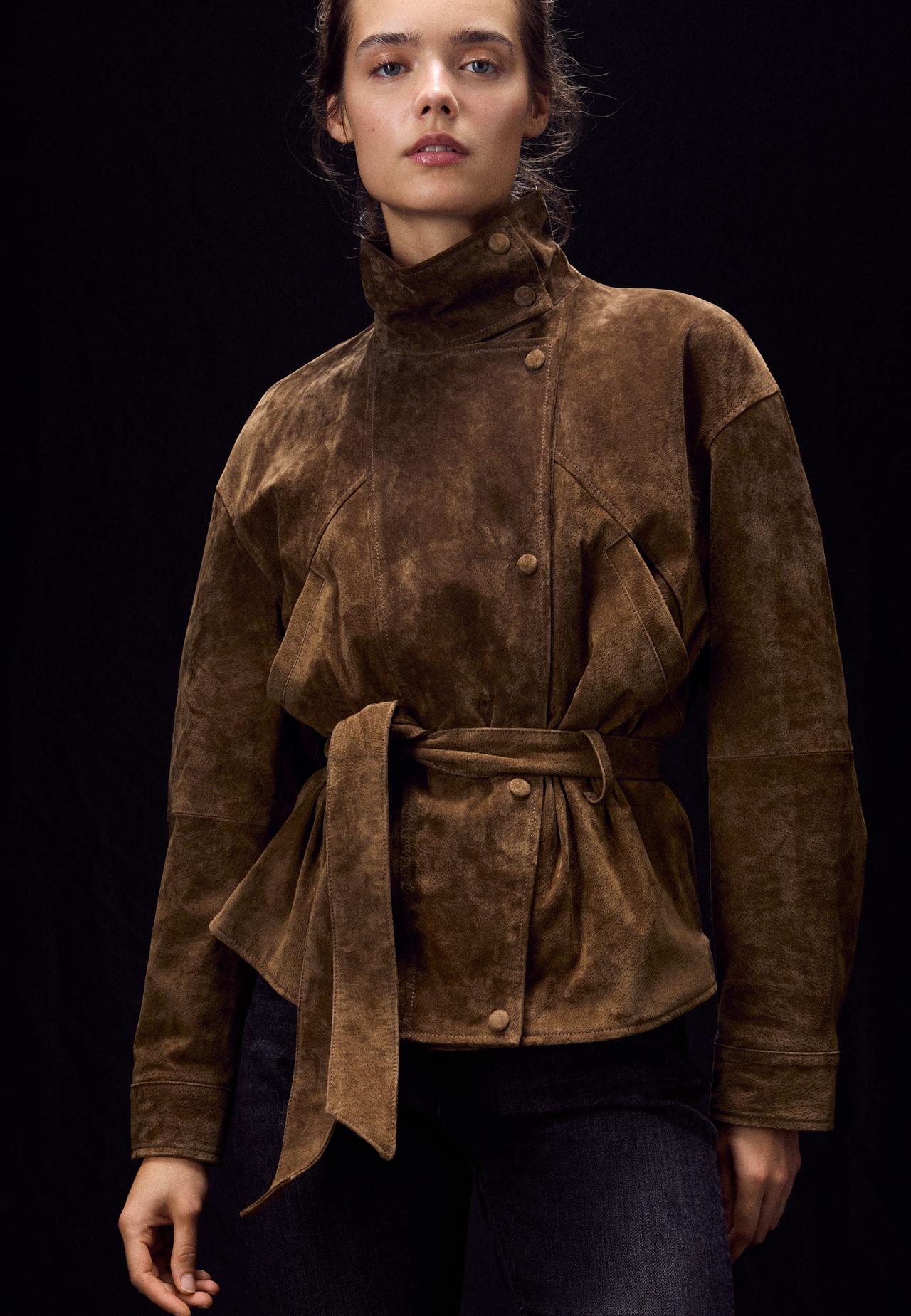 100% leather high neck trench coat with belt — Brown