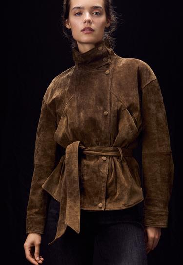 100% leather high neck trench coat with belt — Brown 1