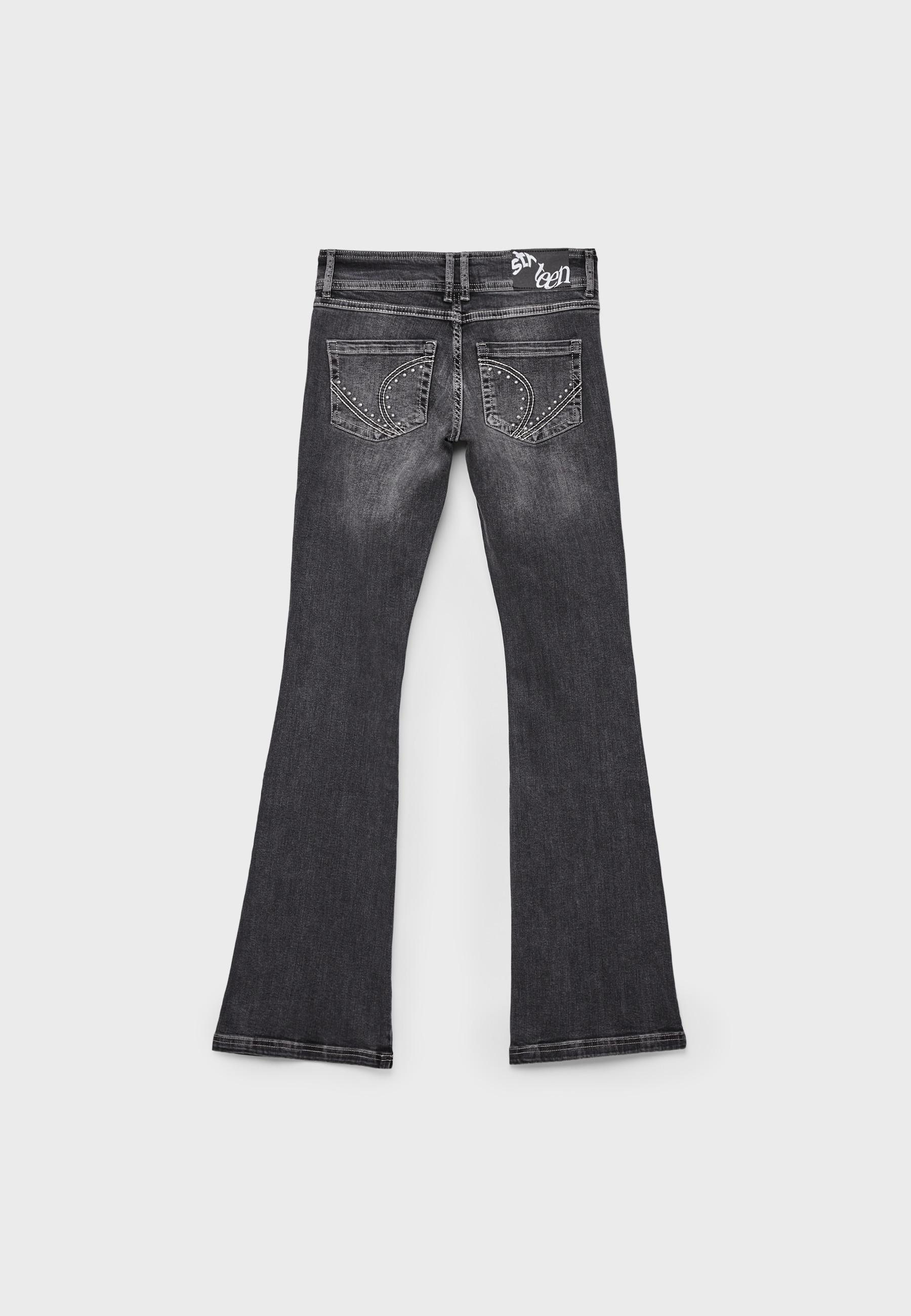 Low-rise bootcut jeans with studs — BLACK DENIM WASHED EFFECT
