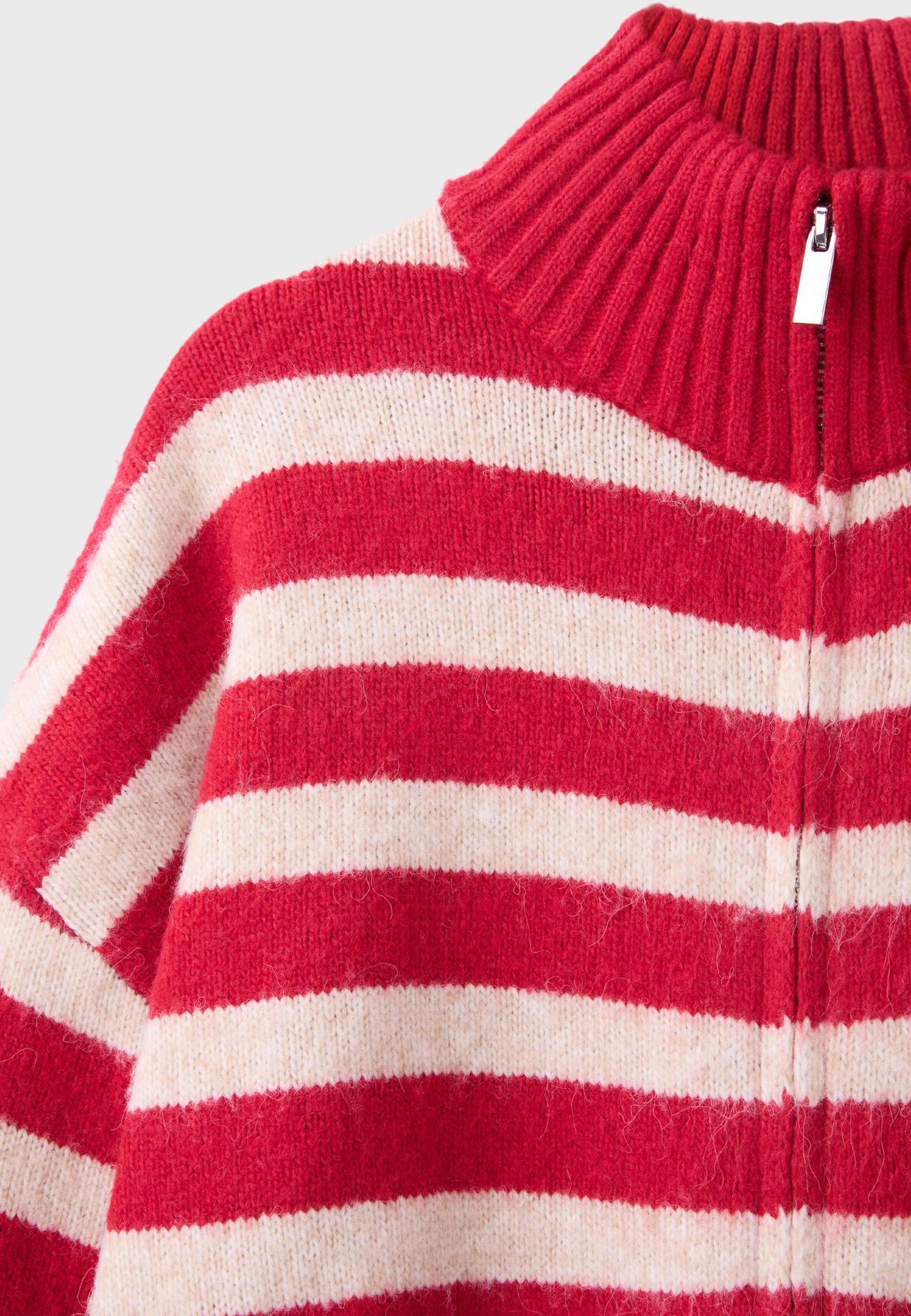 Striped zip-up knit cardigan — Red
