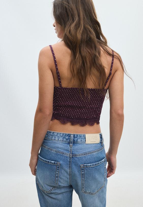 Stradivarius Fitted Floral Print Cropped Top Purple M