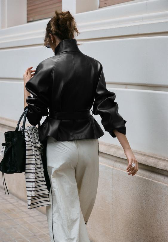 fitted leather effect trench coat