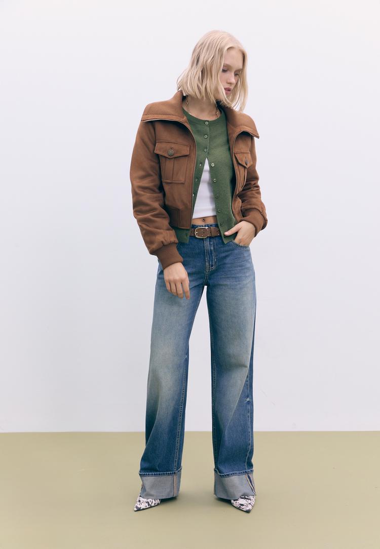 Stradivarius Geacă Scurtă Combinată Reiat Caramel L
