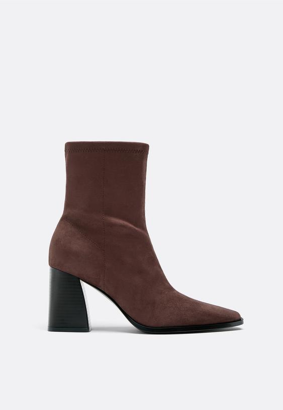 Stradivarius Faux Suede Block Heel Ankle Boots Brown 7