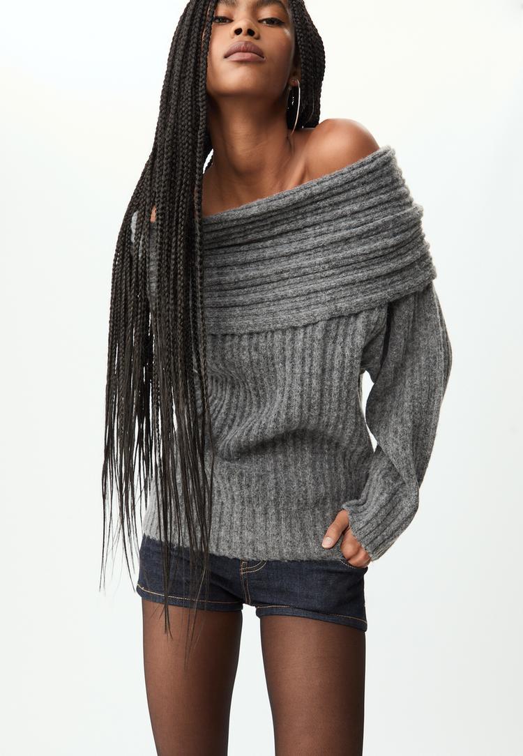 asymmetric knit off the shoulder sweater