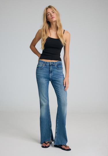 D74 bell bottom jeans with split — OVERDYED BLUE DENIM 1
