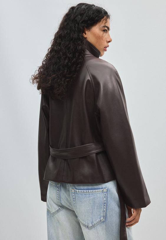 Stradivarius Cropped Leather-Effect Trench Coat Dark Grey M