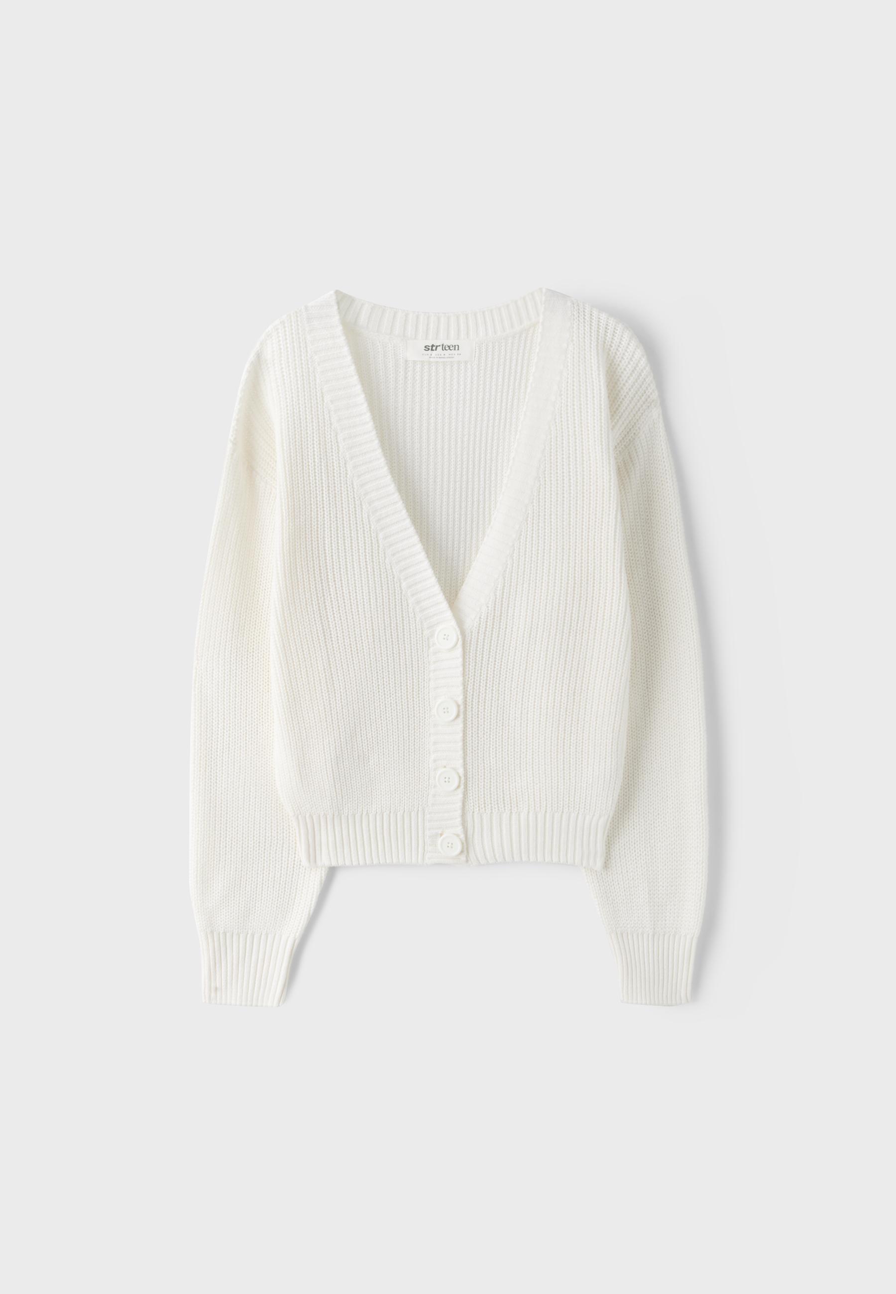 V-neck knit cardigan — Ecru