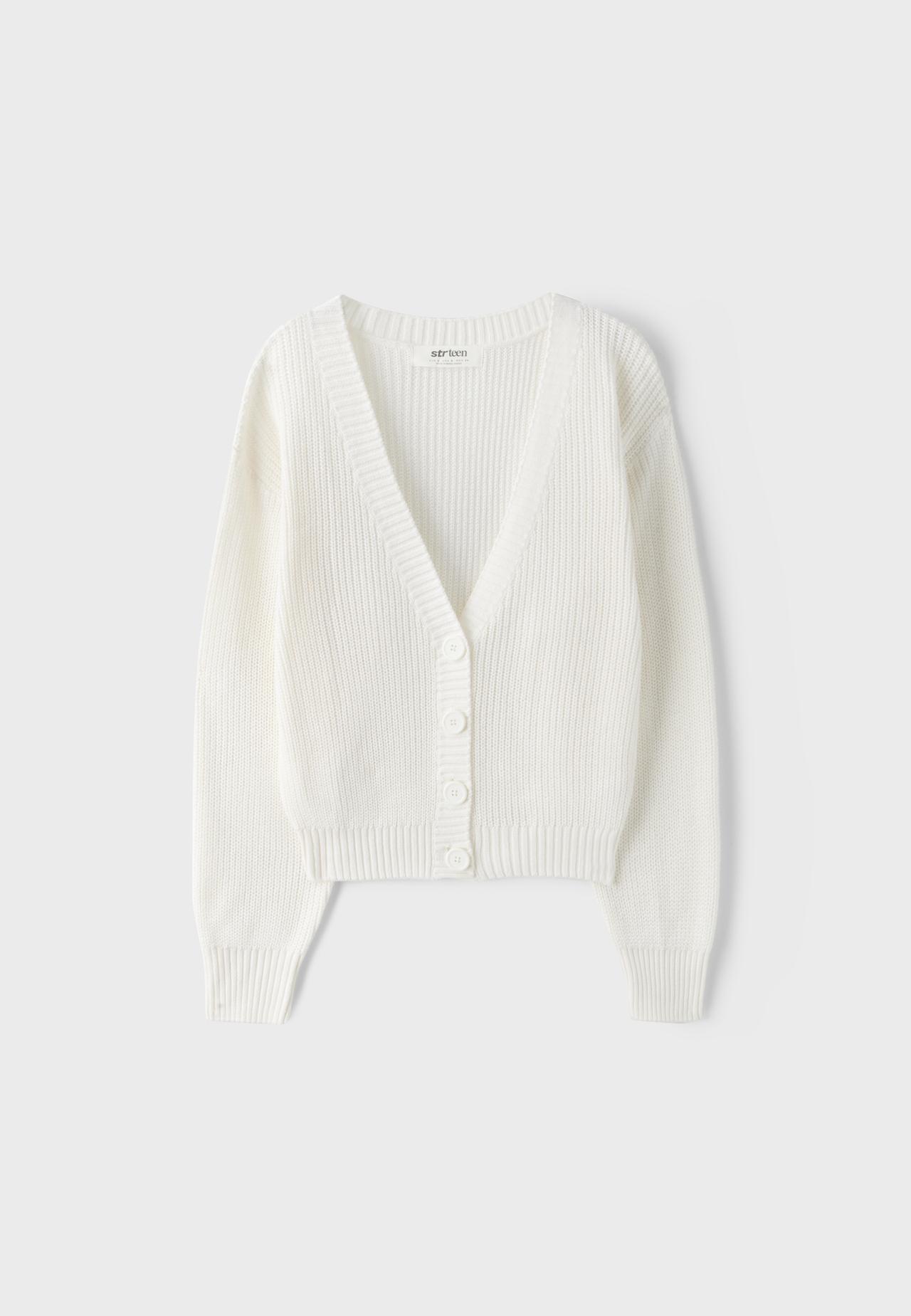 V-neck knit cardigan — Ecru