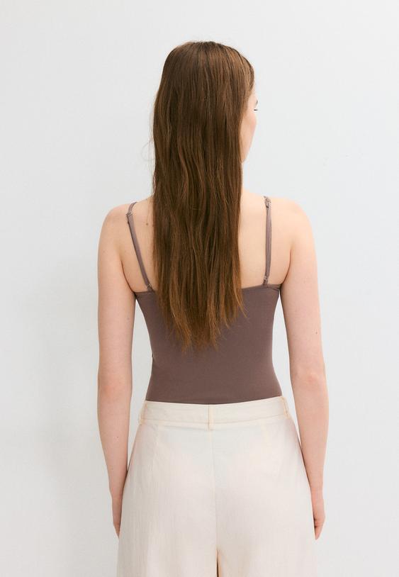 Stradivarius Strappy V-Neck Bodysuit Brown L