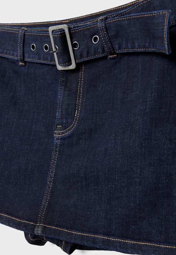 Kemerli denim şort etek - Görsel 9