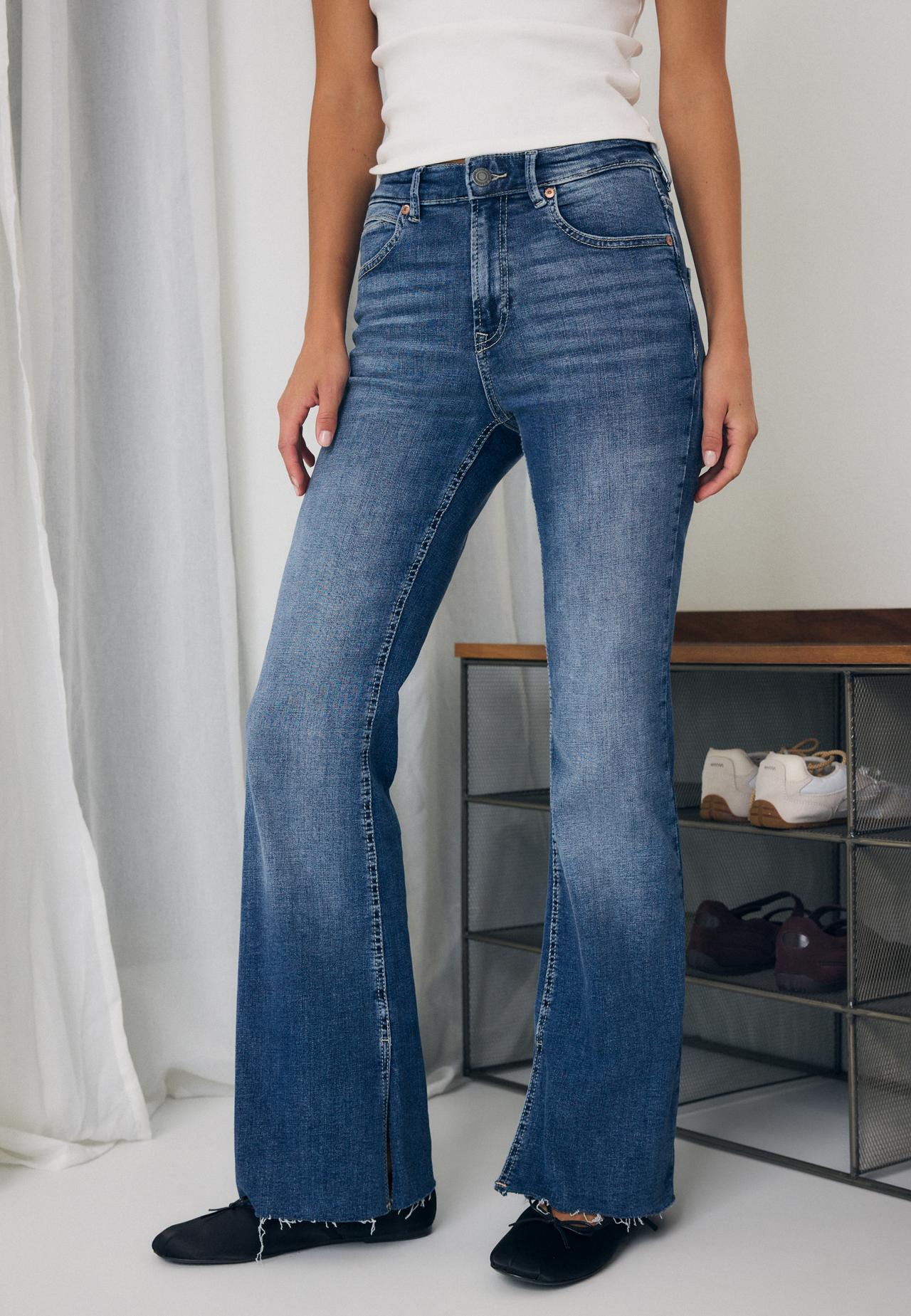 D74 bell bottom jeans with split — MEDIUM LIGHT BLUE DENIM