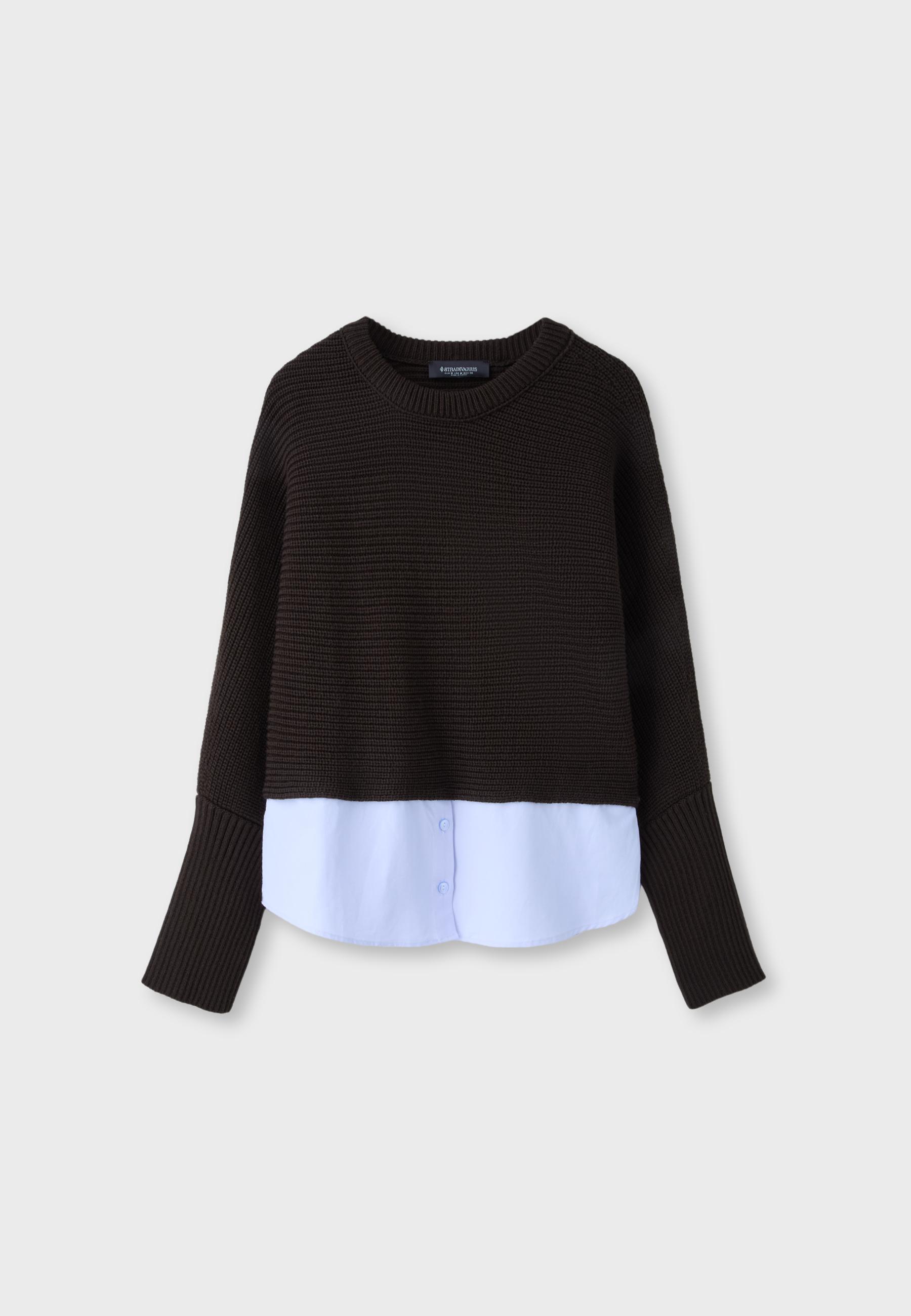 Mixed-fabric batwing knit jumper — Brown
