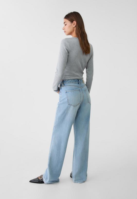 Stradivarius Blugi D92 Straight Fit Largi Efect Prespălat Denim Albastru Deschis 40