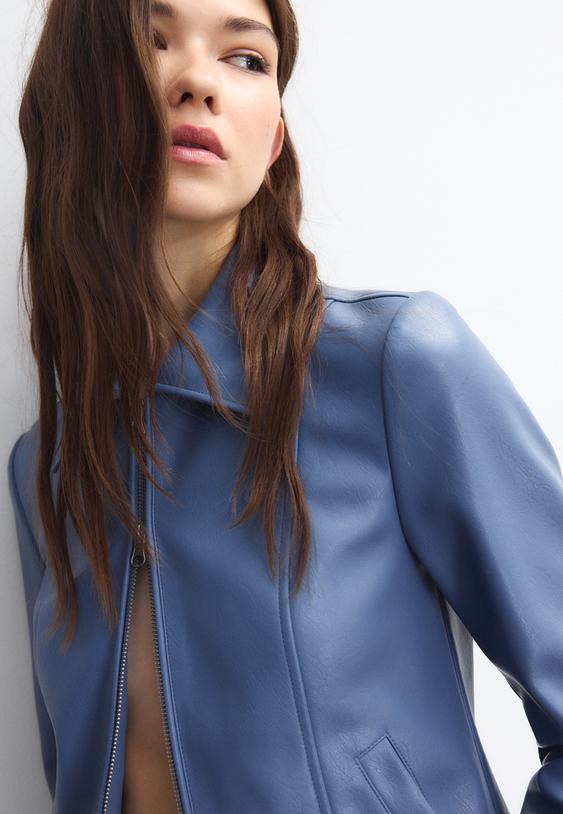 Stradivarius Fitted Leather Effect Jacket Royal Blue L