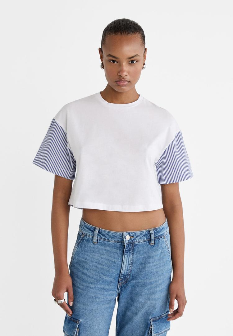 Stradivarius Tricou Scurt Combinat Cu Dungi Alb L