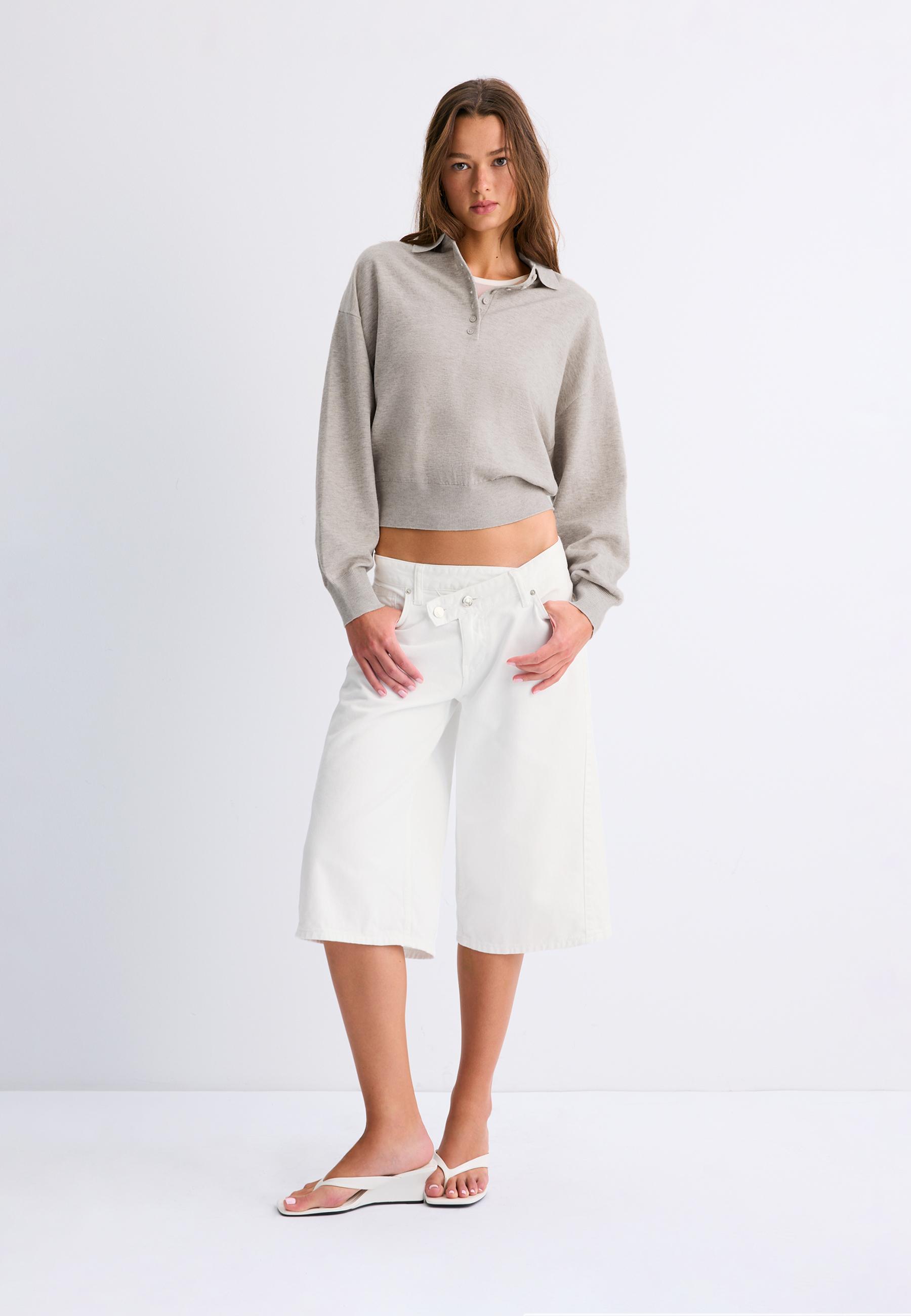 Polo collar knit sweater — Stone