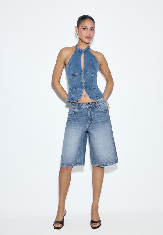 Stradivarius Bermuda Baggy En Jean Denim Bleu Moyen Clair Délavé 38