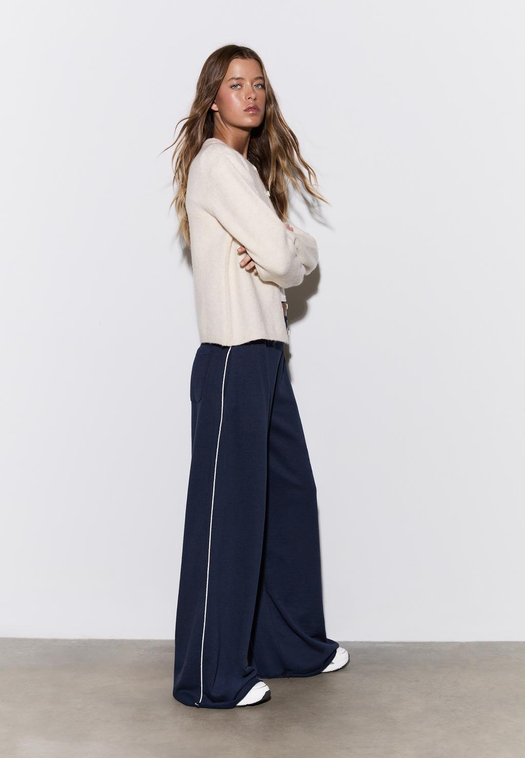 Wide-leg plush trousers with trim detail