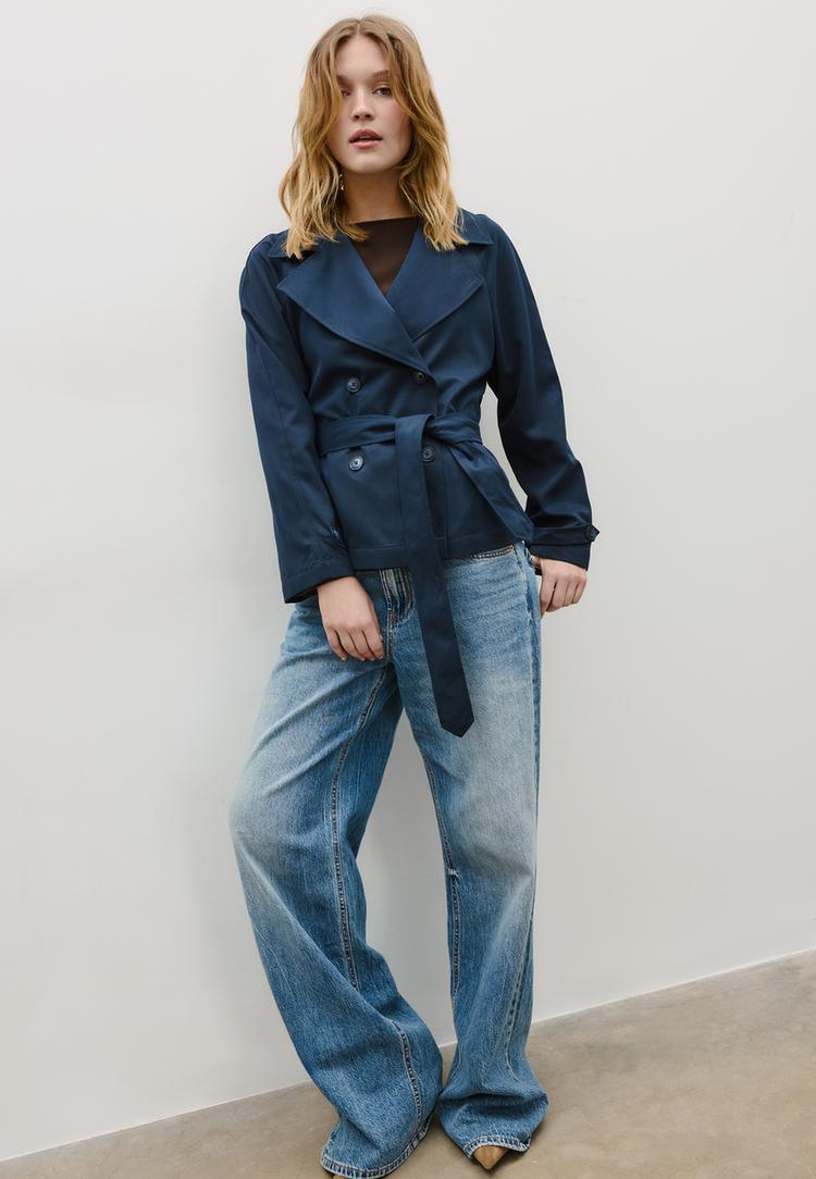 Kurzer fließender Trenchcoat mit Gürtel Marineblau XL