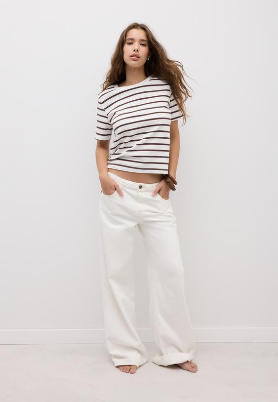 Stradivarius T-Shirt Basique Regular Fit Heavy Weight Rayures Marron S