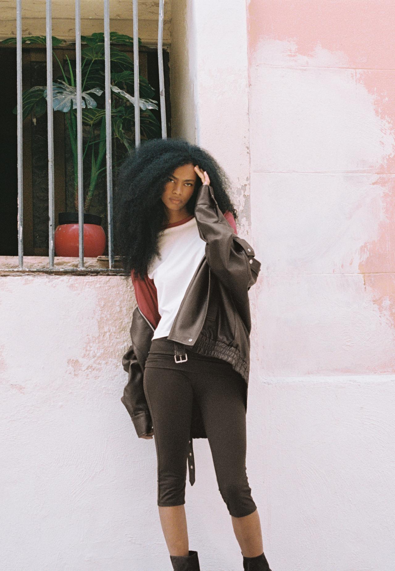 Oversize leather effect jacket with flap — Brown
