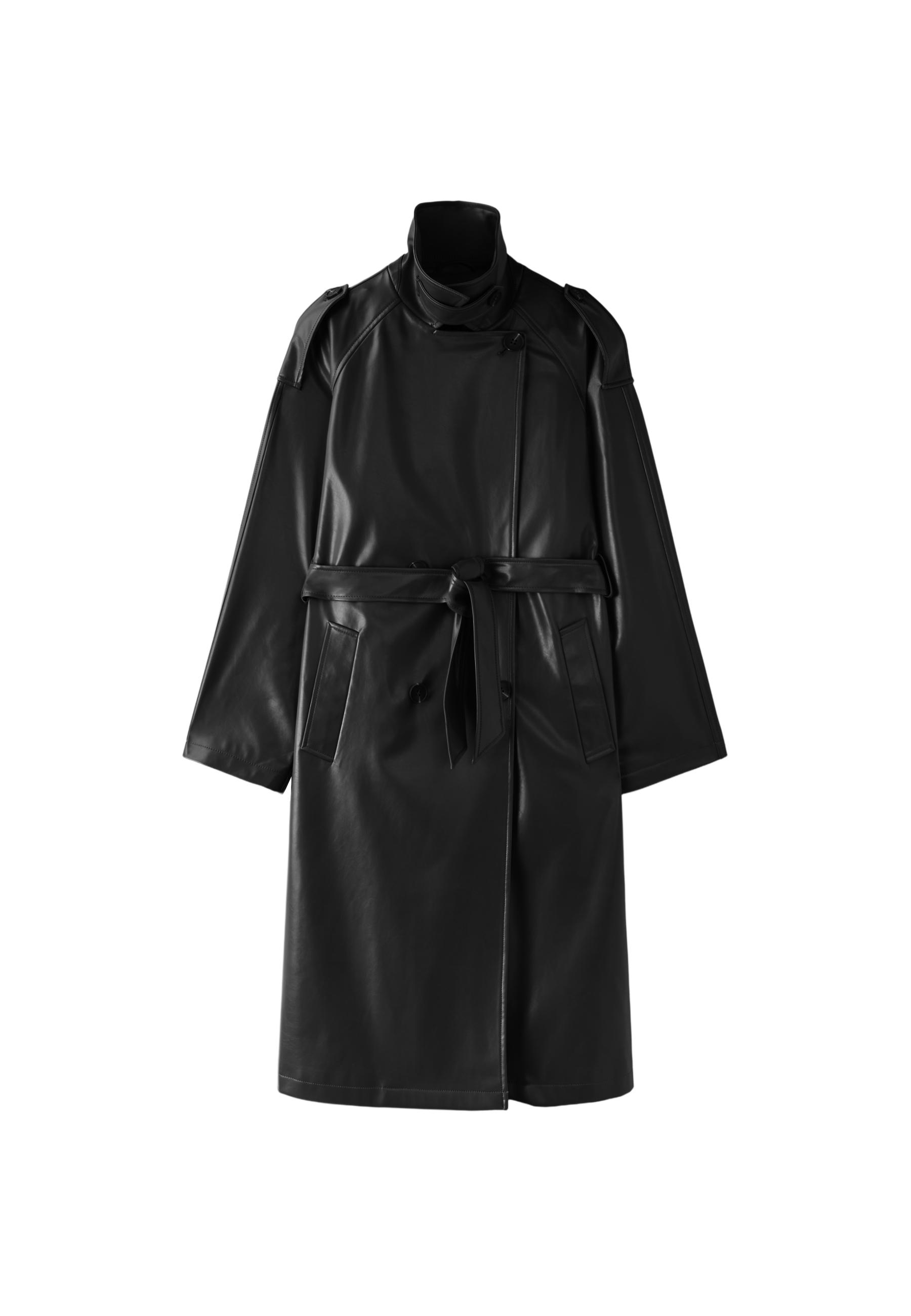 Long leather effect trench coat — Black