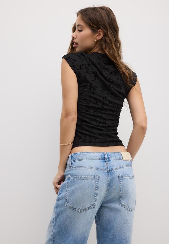 Stradivarius T-Shirt Style Qipao Floqué Noir S