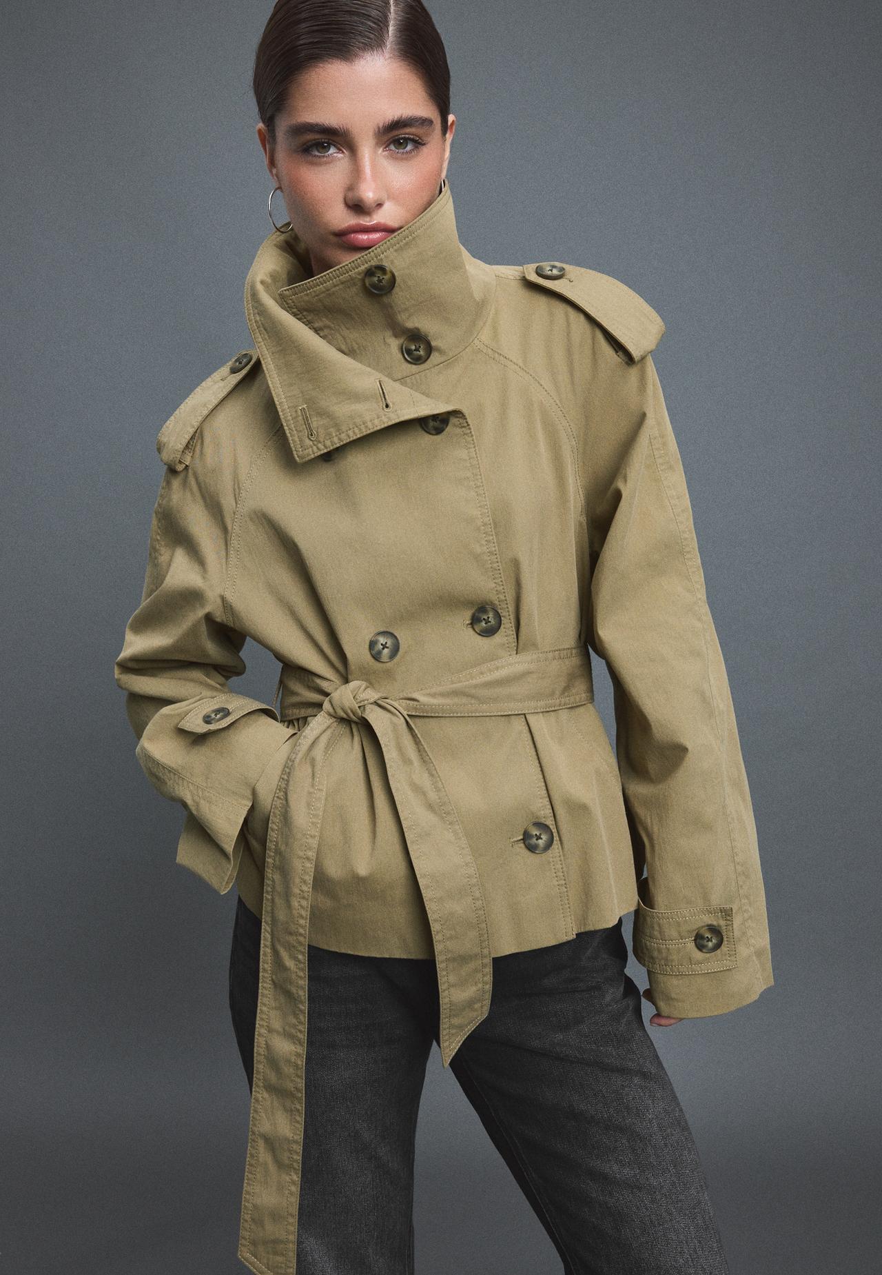 High-neck trench coat with belt — Olive green