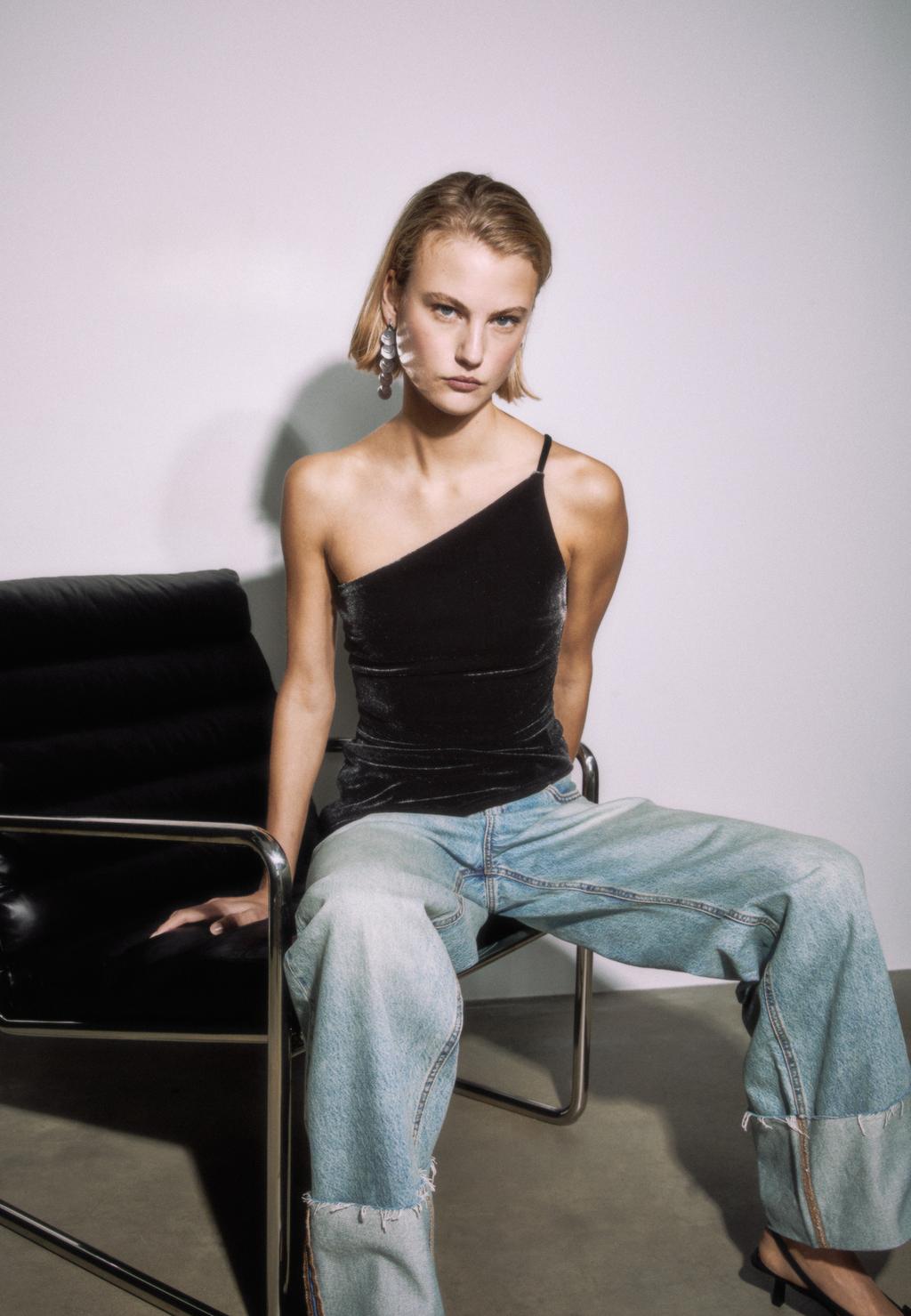 Asymmetric velvet top