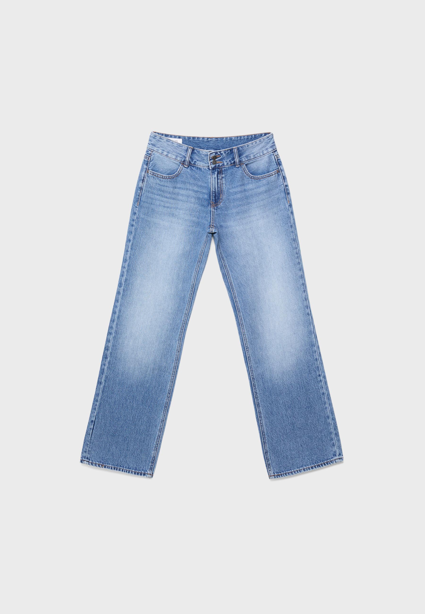 Double metal button straight-leg jeans — MEDIUM LIGHT BLUE DENIM