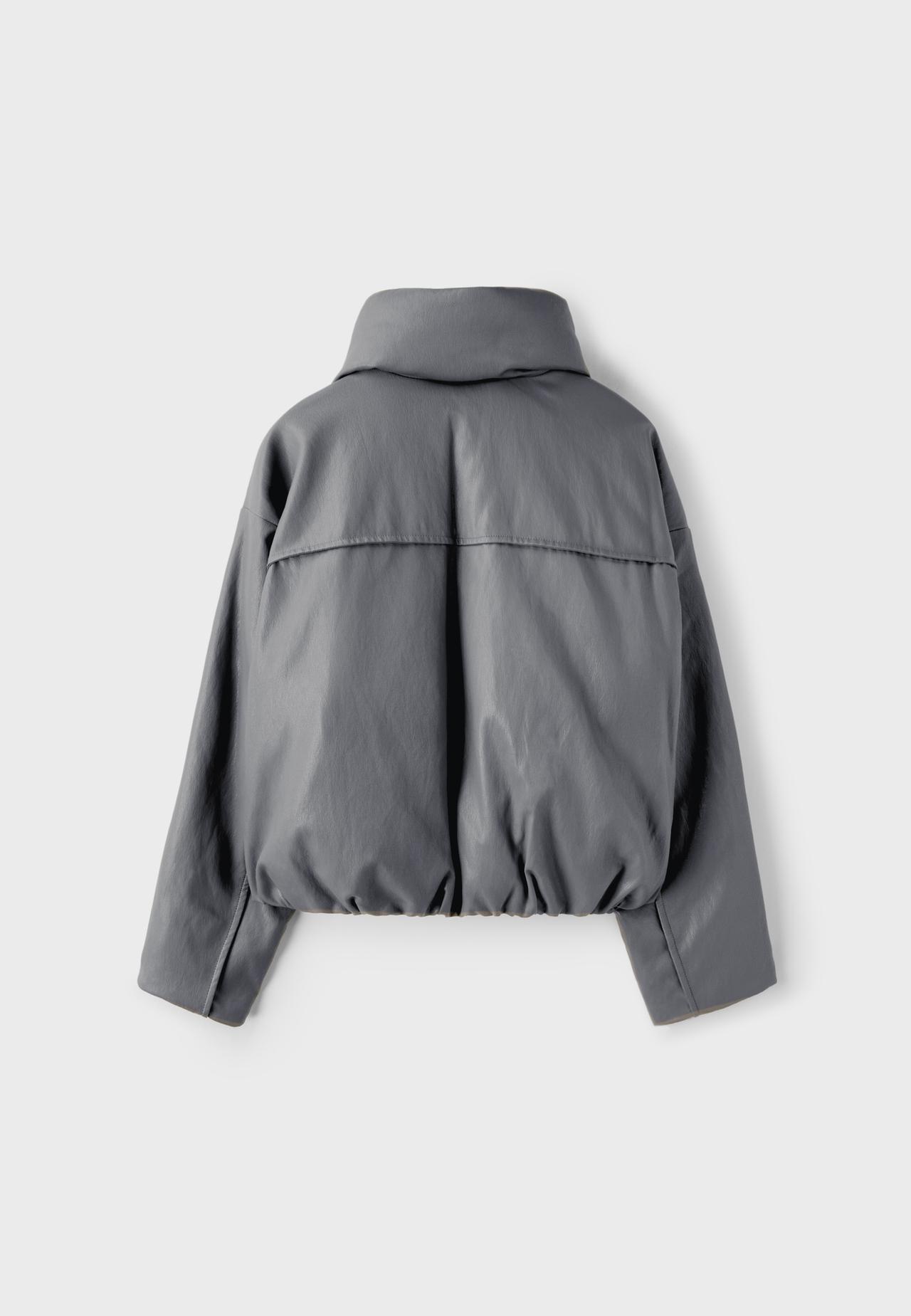 High neck leather effect puffer jacket — Dark grey