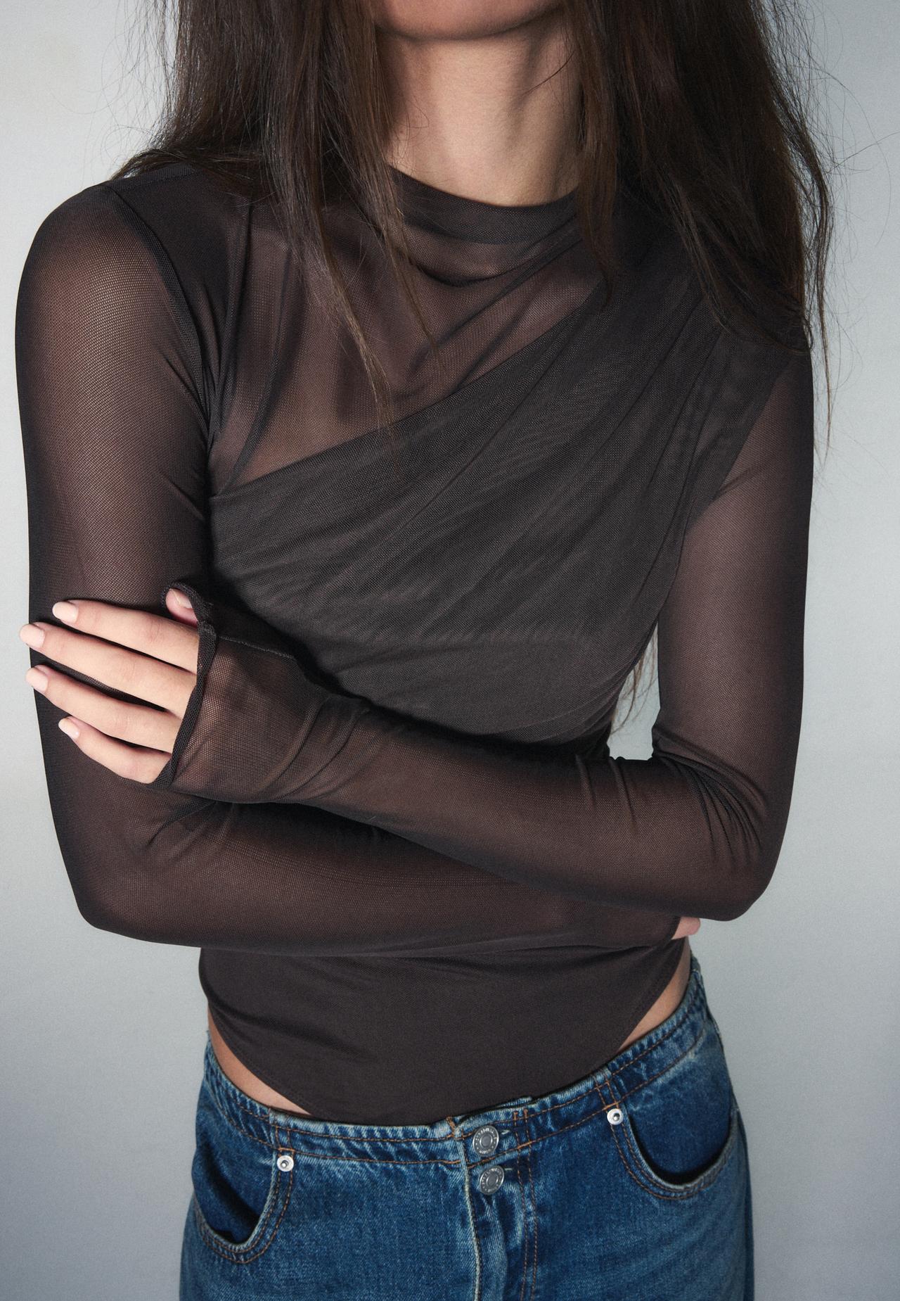 Long sleeve mesh draped bodysuit — Brown