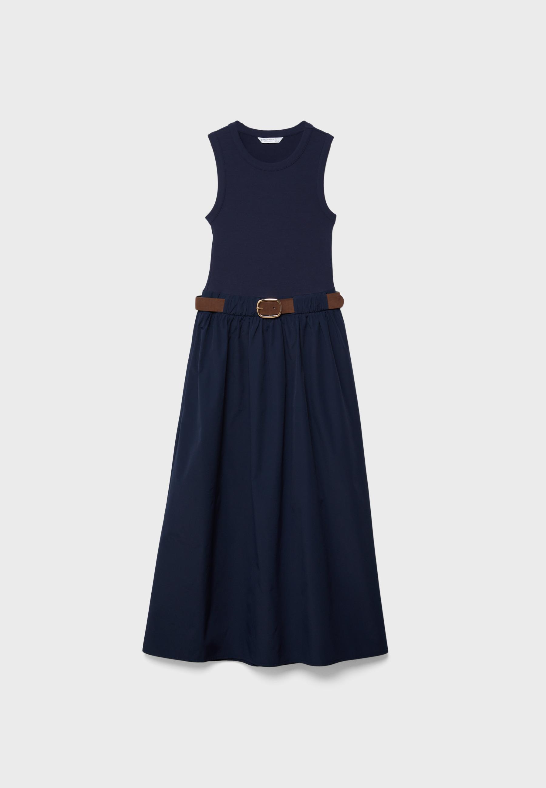 Two-material sleeveless midi dress with belt — Dark blue
