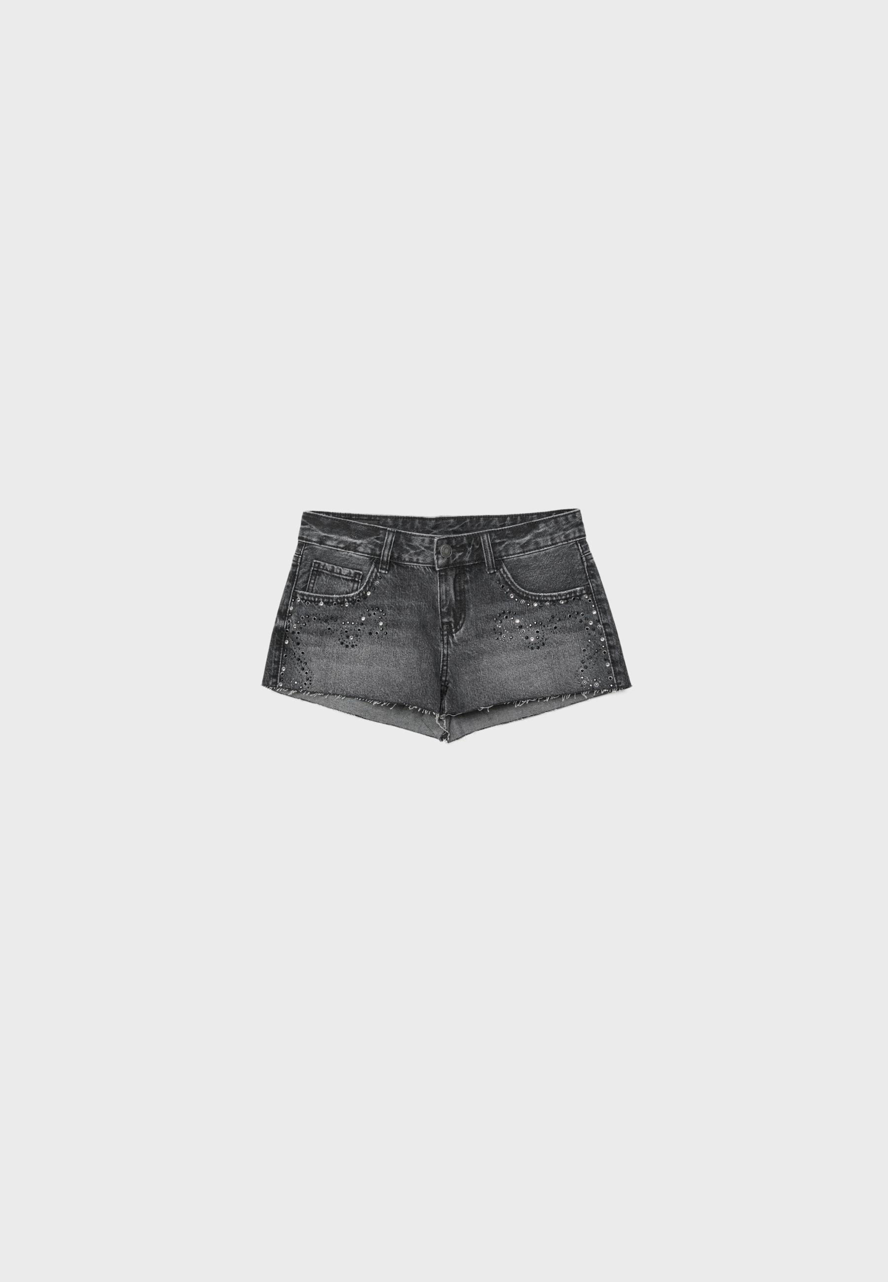 Denim shorts with rhinestones — LIGHT GREY DENIM WASH