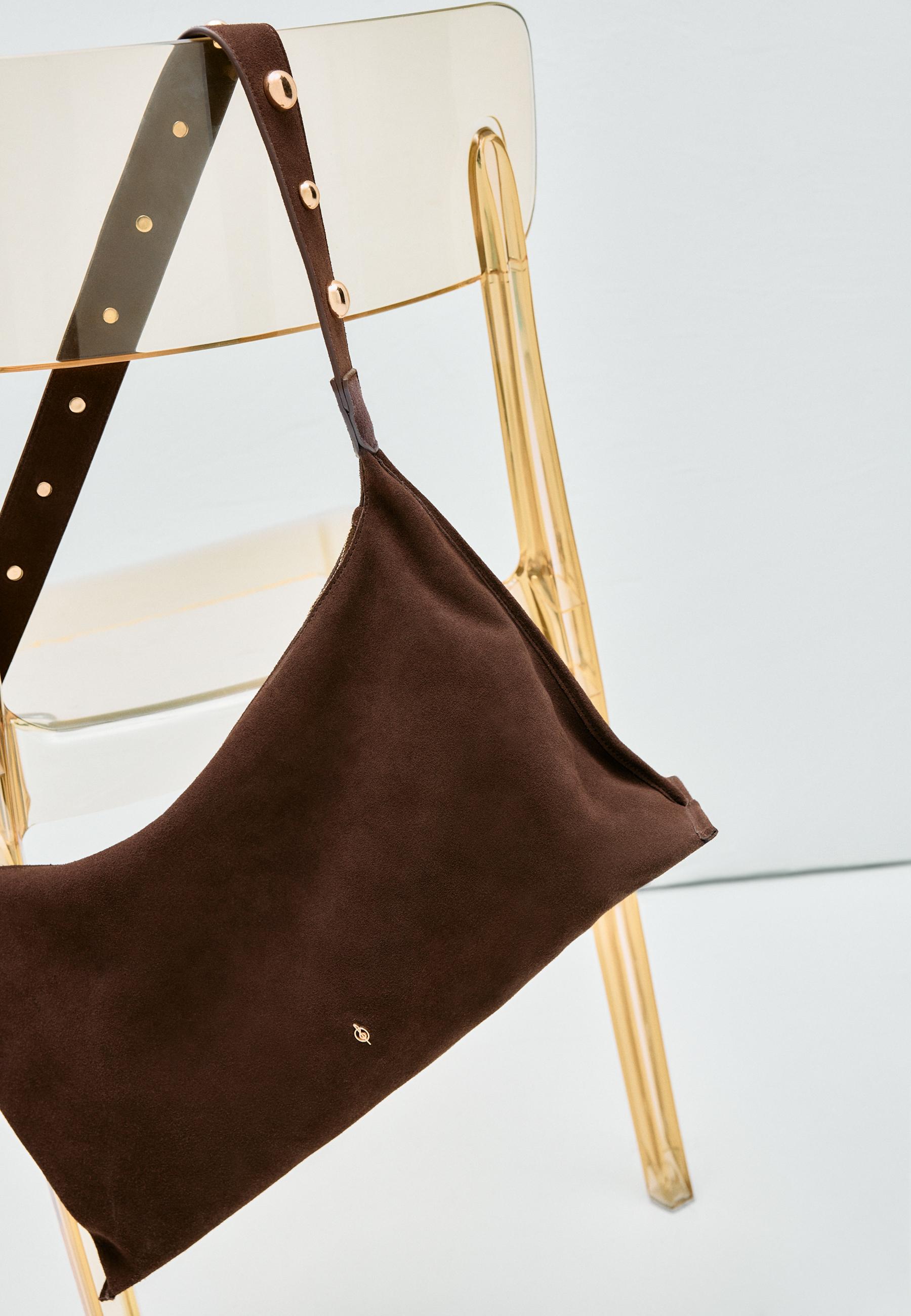 Studded flat shoulder bag, 100% leather — Brown
