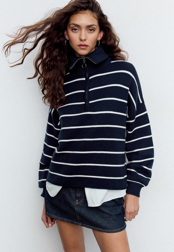 Stradivarius Zip-Up Knitted Jumper Navy Blue M