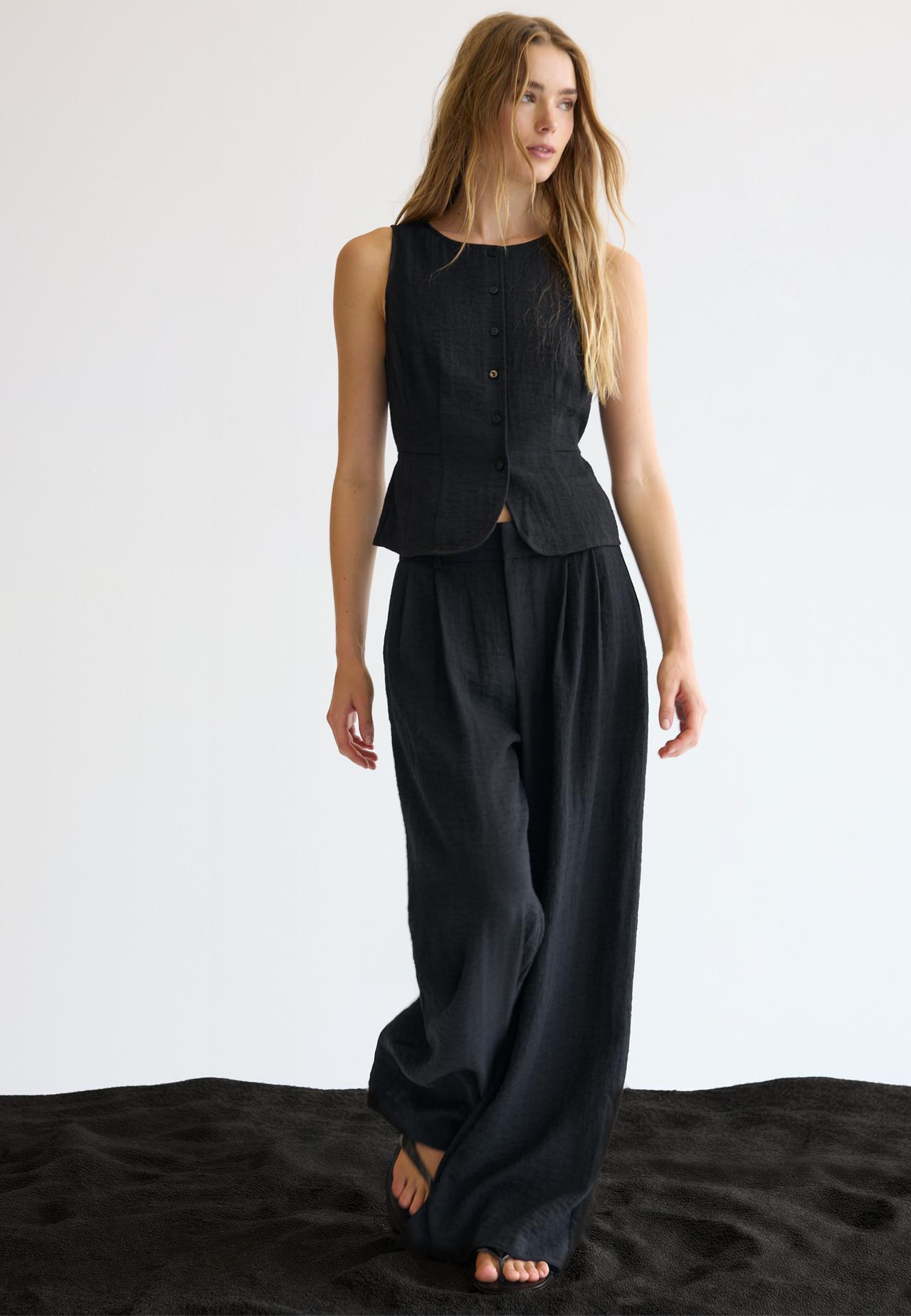 Adjustable rustic wide-leg button trousers — Black