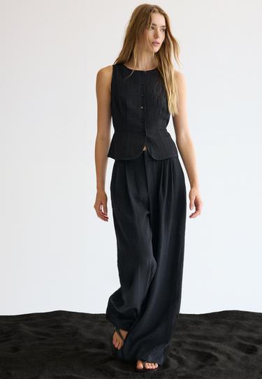 Adjustable rustic wide-leg button trousers — Black 1